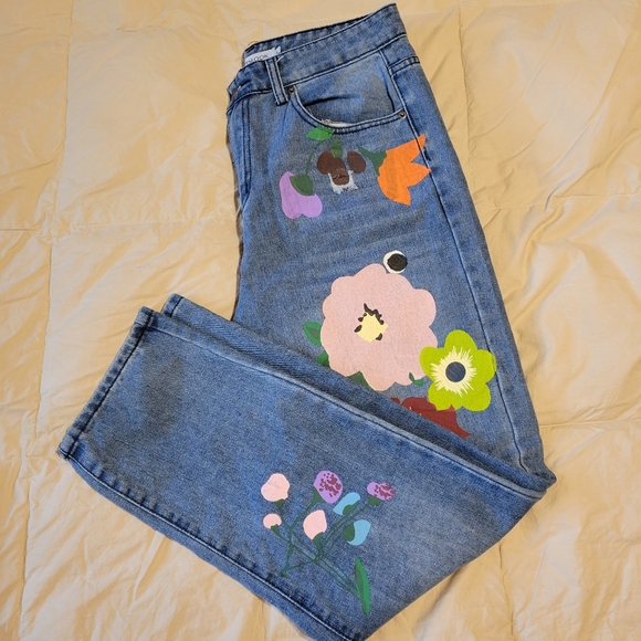 Misslook Hippie Floral Straight Leg Jeans Mid Rise Light Wash Size L - Picture 14 of 16